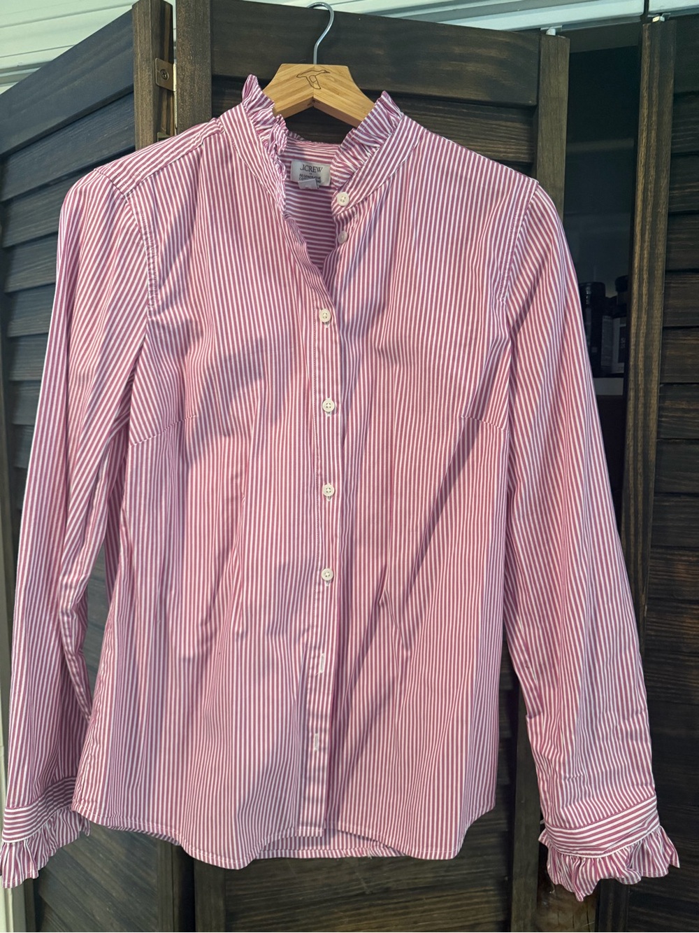 J. Crew women’s Pink Stripe Ruffle Collar Button-Up Shirt